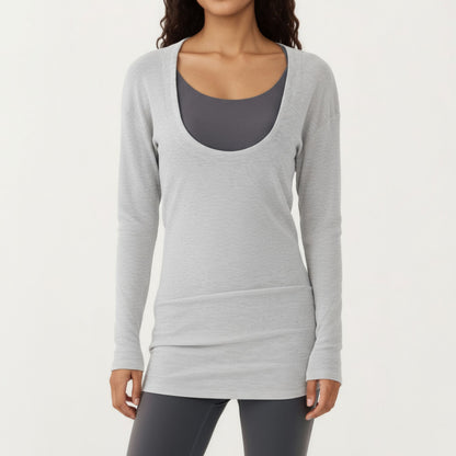 Off Shoulder Long Sleeve Top with Soft Stretch Fabric Relaxed Draped Fit and Extended Hemline
