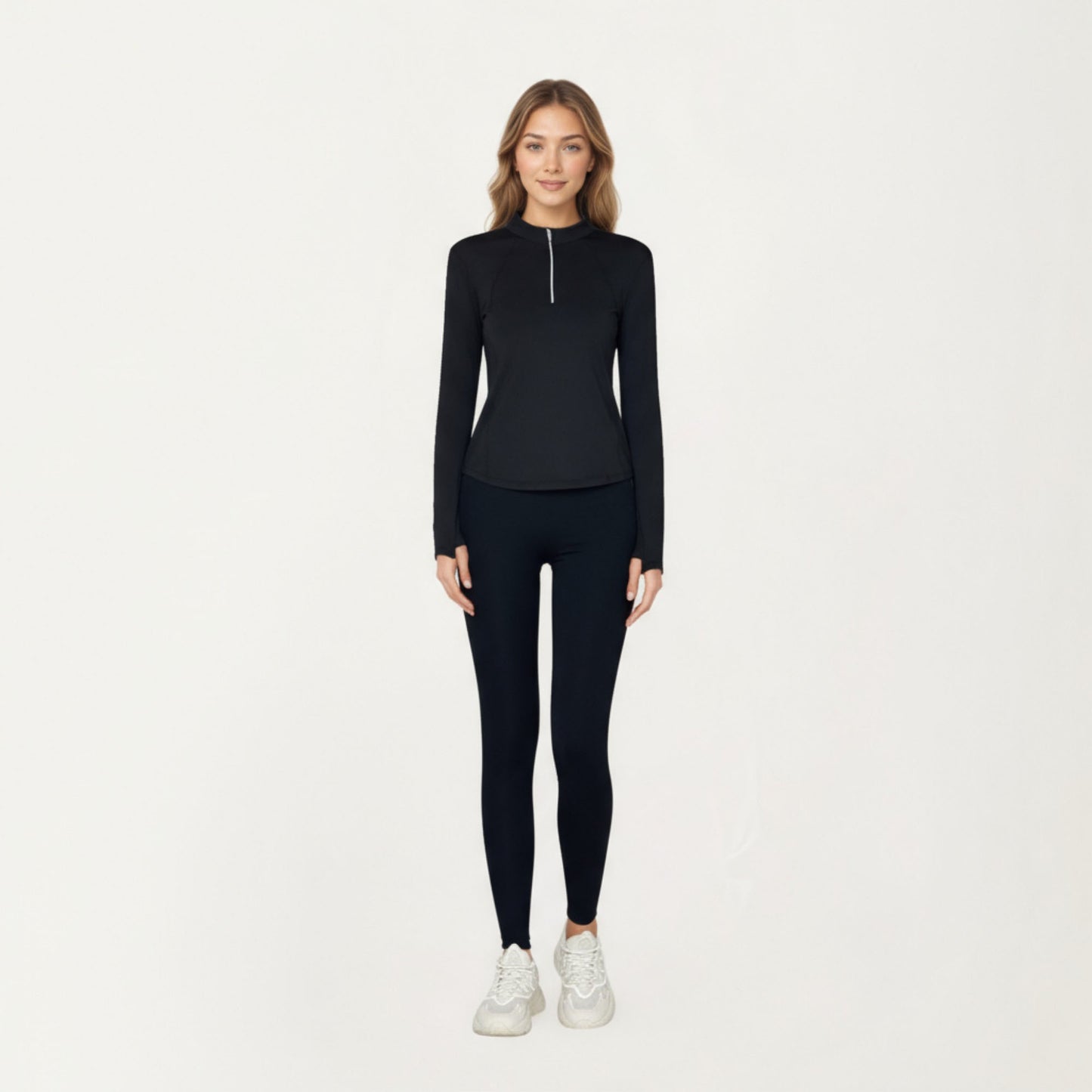 Long Sleeve Active Top with High Neck Half Zip Front Smooth Stretch Fabric and Contoured Fit