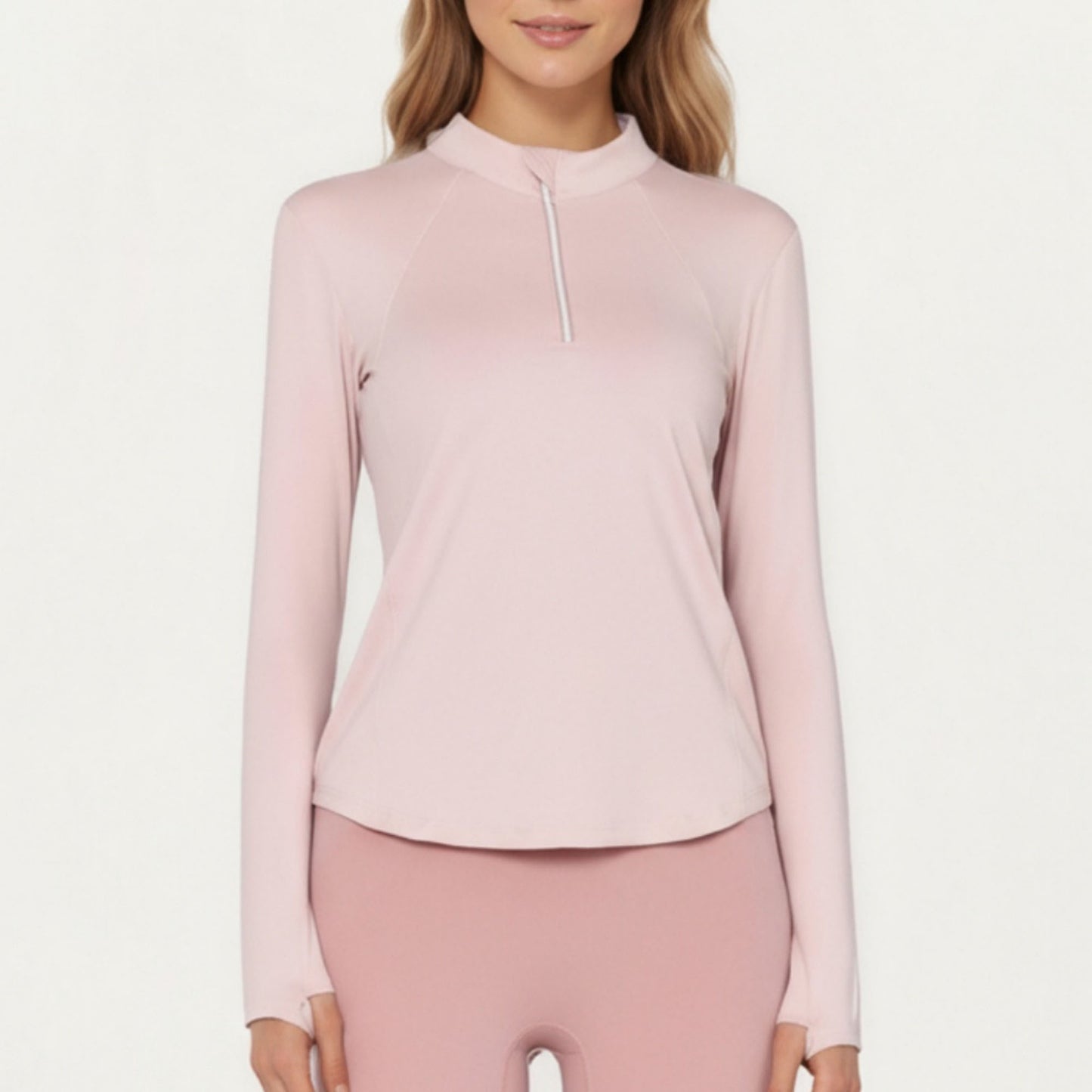 Long Sleeve Active Top with High Neck Half Zip Front Smooth Stretch Fabric and Contoured Fit