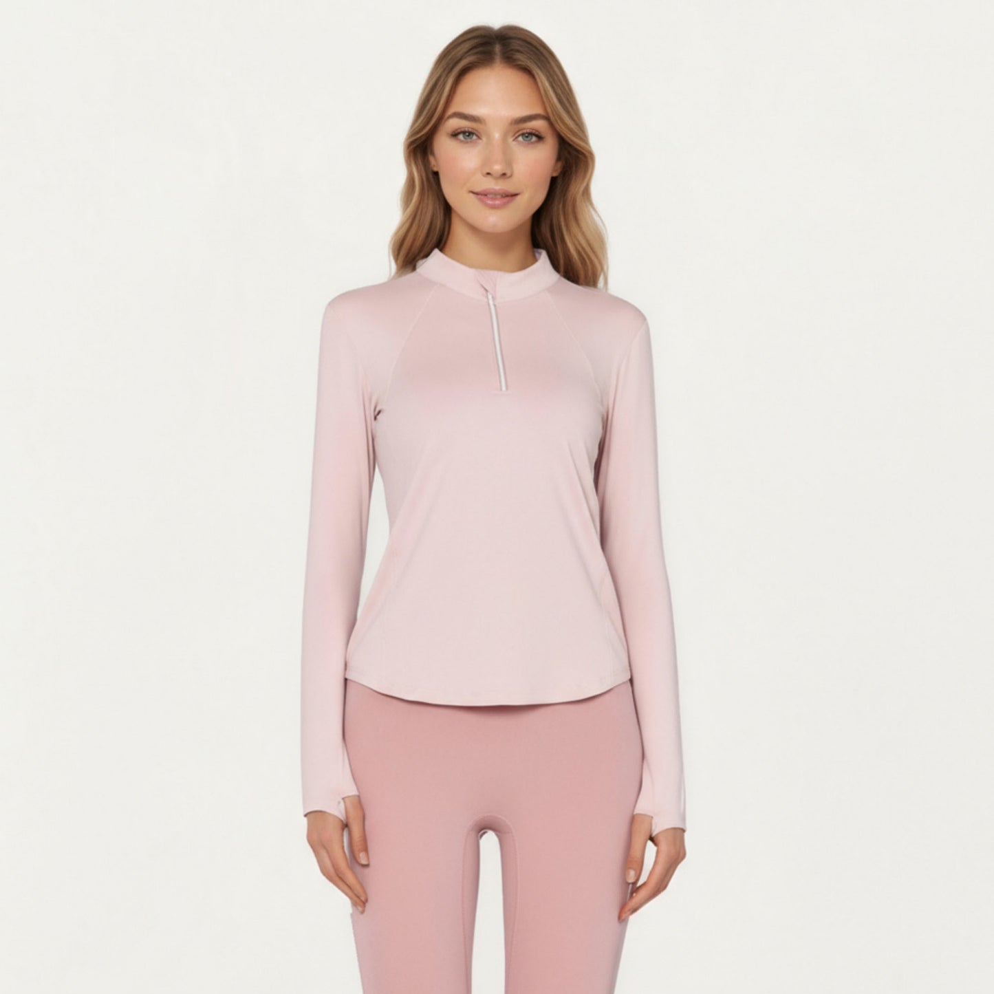 Long Sleeve Active Top with High Neck Half Zip Front Smooth Stretch Fabric and Contoured Fit