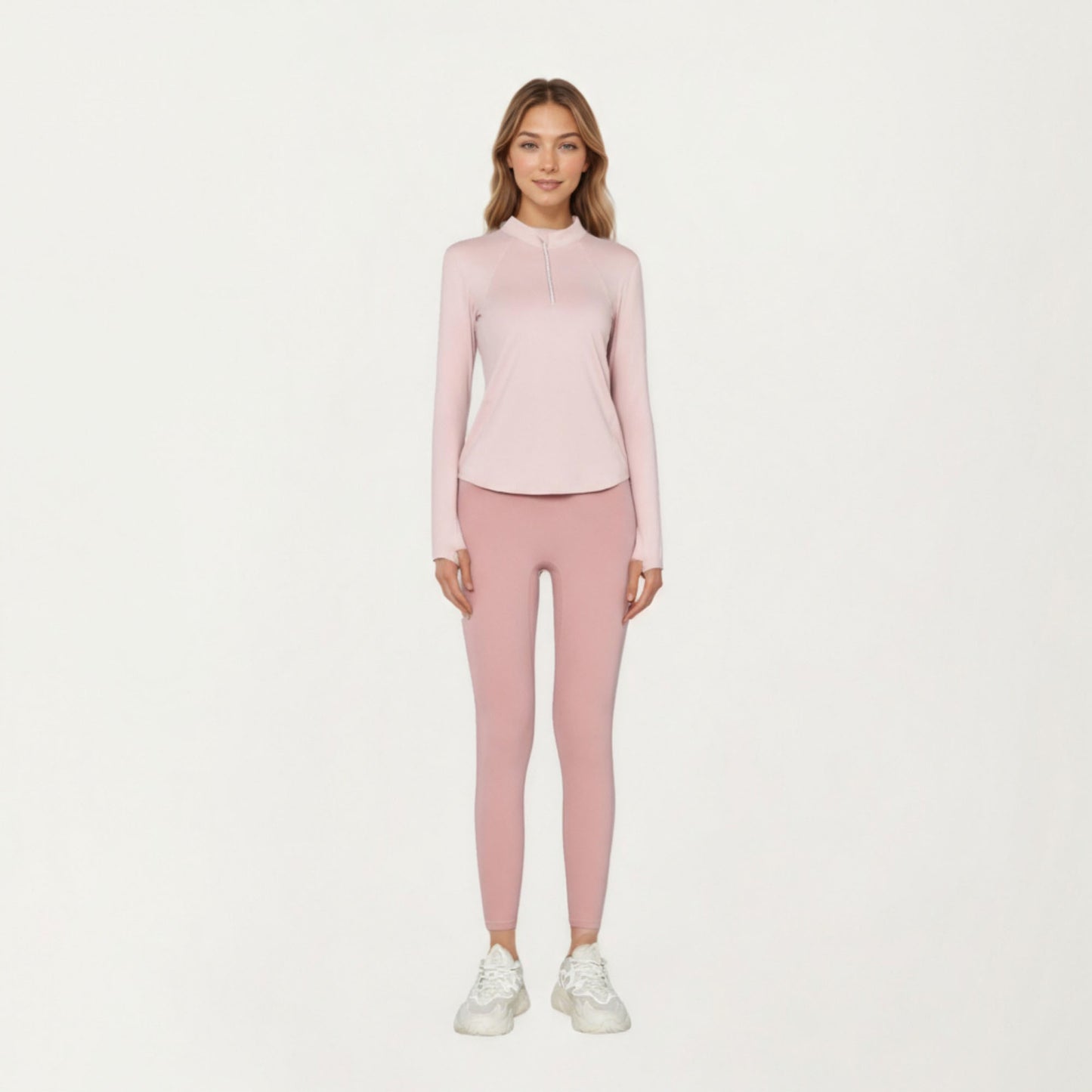 Long Sleeve Active Top with High Neck Half Zip Front Smooth Stretch Fabric and Contoured Fit