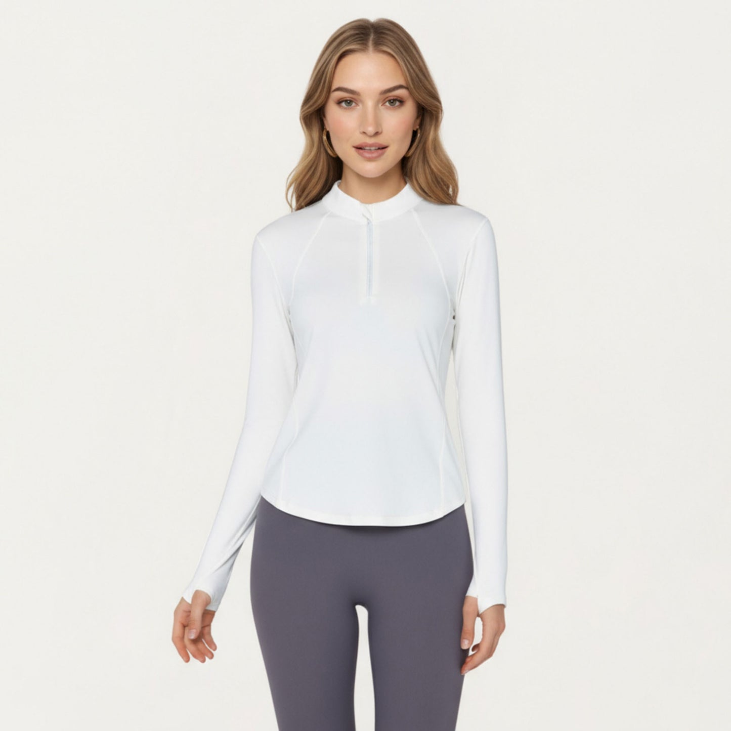 Long Sleeve Active Top with High Neck Half Zip Front Smooth Stretch Fabric and Contoured Fit