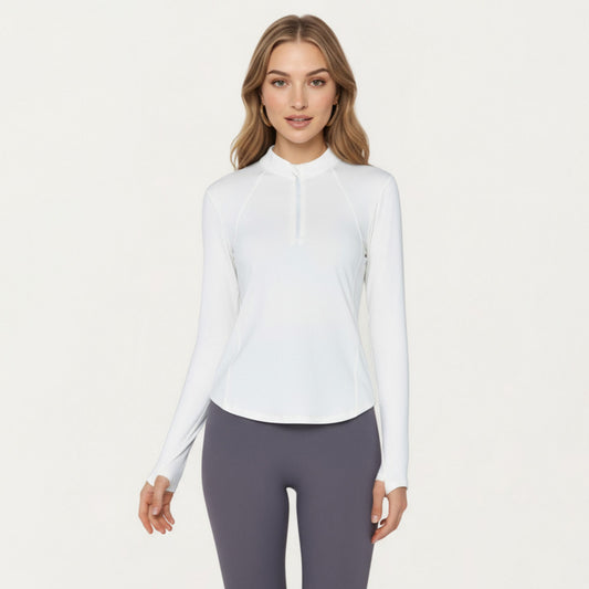 Long Sleeve Active Top with High Neck Half Zip Front Smooth Stretch Fabric and Contoured Fit