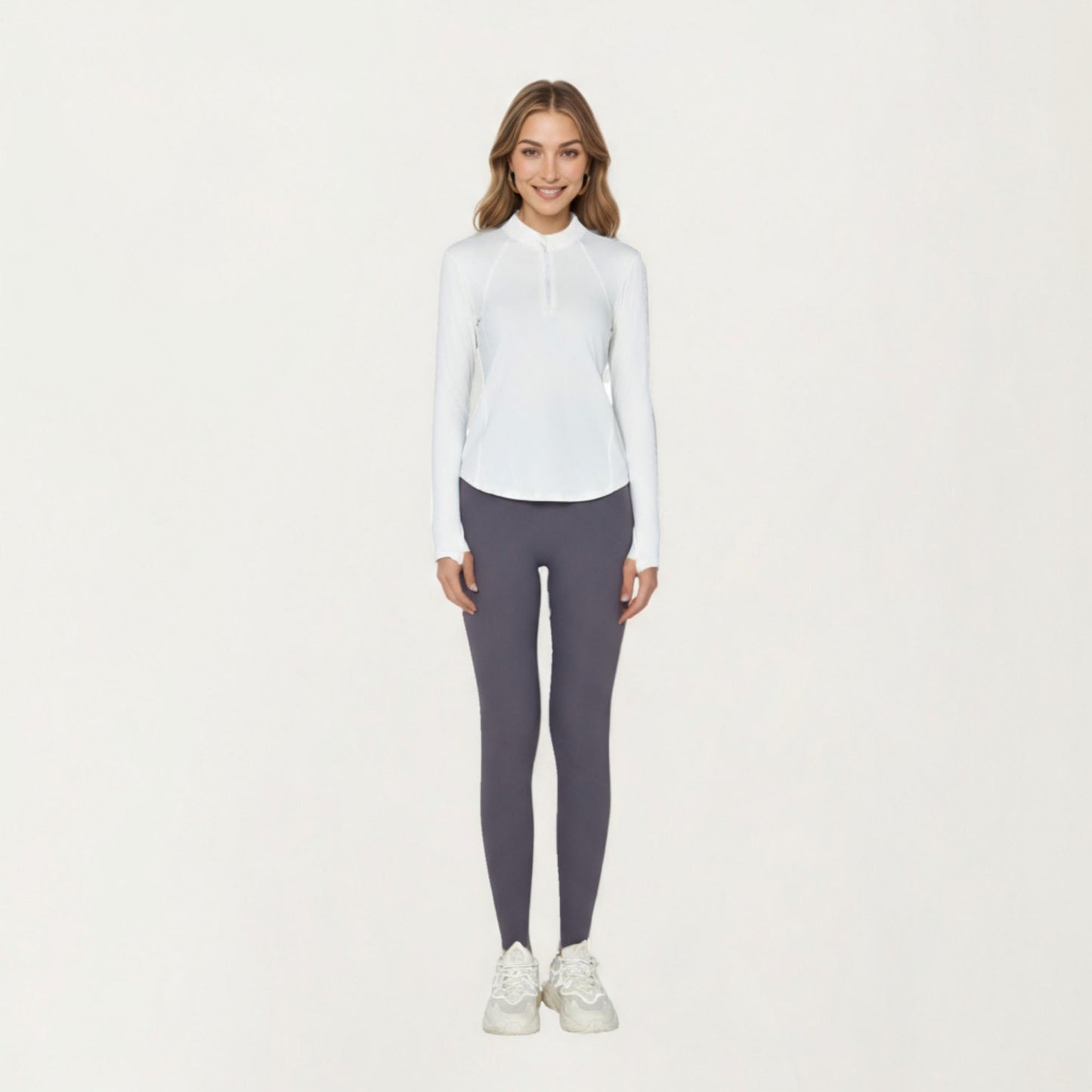 Long Sleeve Active Top with High Neck Half Zip Front Smooth Stretch Fabric and Contoured Fit