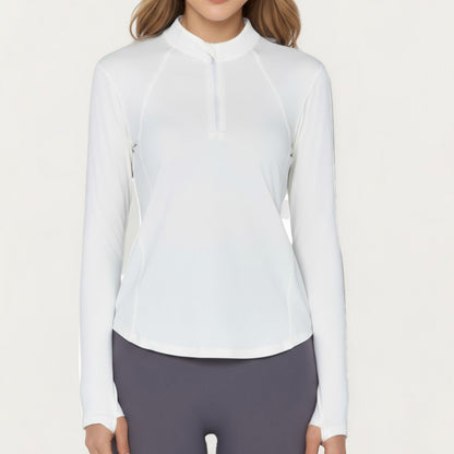 Long Sleeve Active Top with High Neck Half Zip Front Smooth Stretch Fabric and Contoured Fit