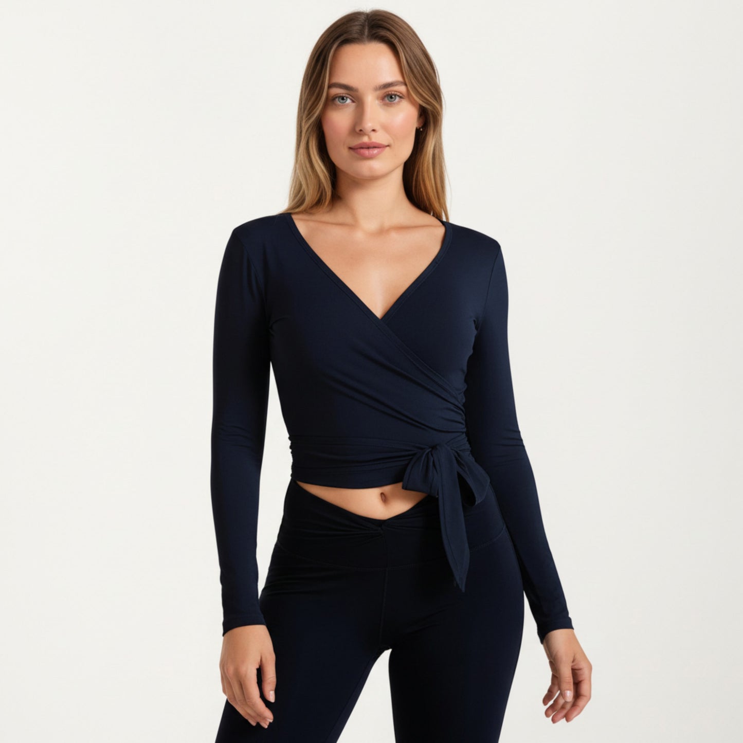 Long Sleeve Wrap Athletic Top with Adjustable Waist Tie and Stretch Performance Fabric