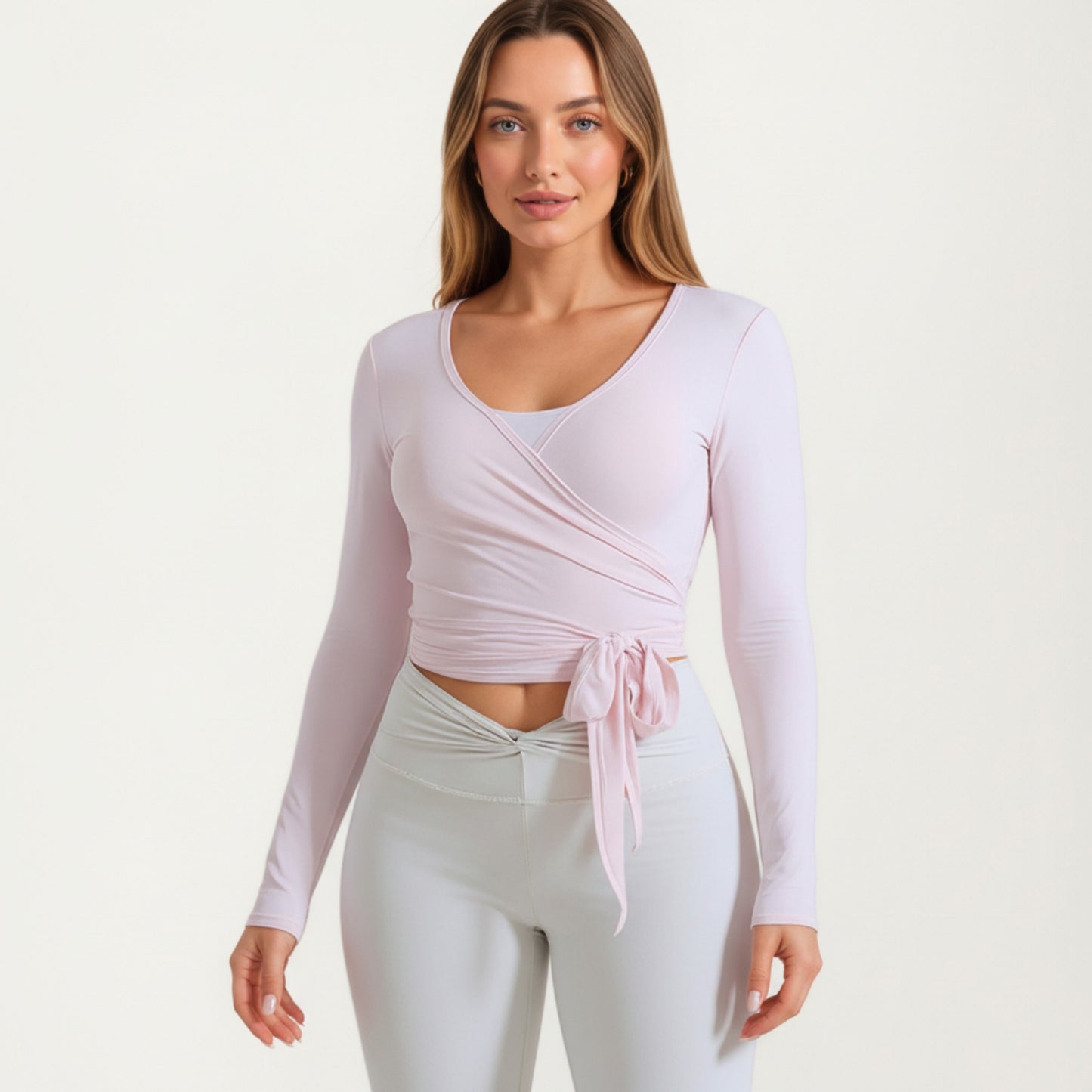 Long Sleeve Wrap Athletic Top with Adjustable Waist Tie and Stretch Performance Fabric