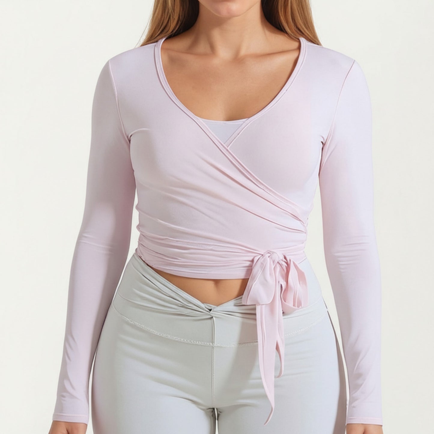 Long Sleeve Wrap Athletic Top with Adjustable Waist Tie and Stretch Performance Fabric