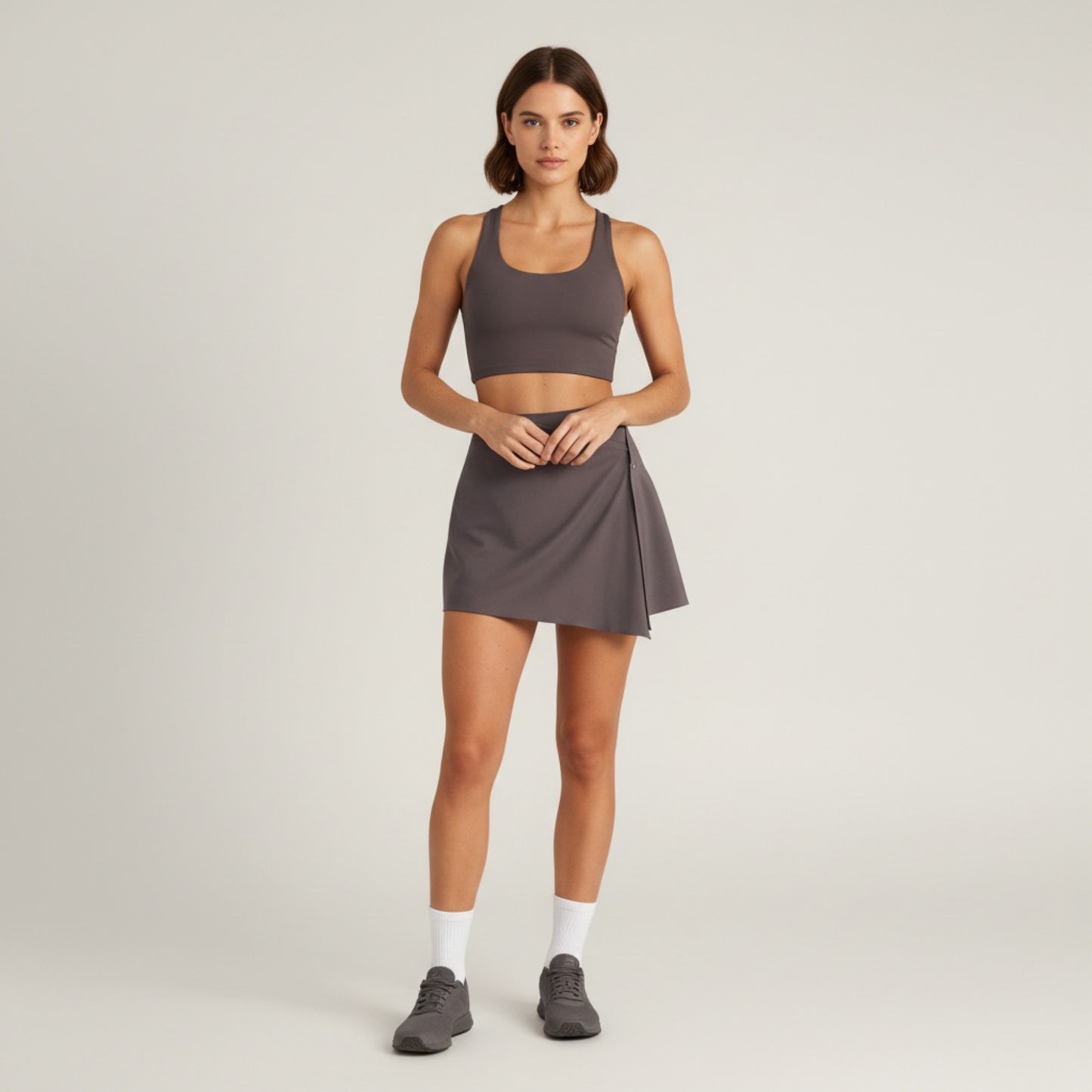 Asymmetrical Hem Active Skort with Built-In Shorts and Snap-Front Overlay for Supportive Movement