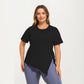 Short Sleeve Asymmetrical Hem Top with Side Ruched Detail Soft Stretch Fabric and Flattering Relaxed Fit