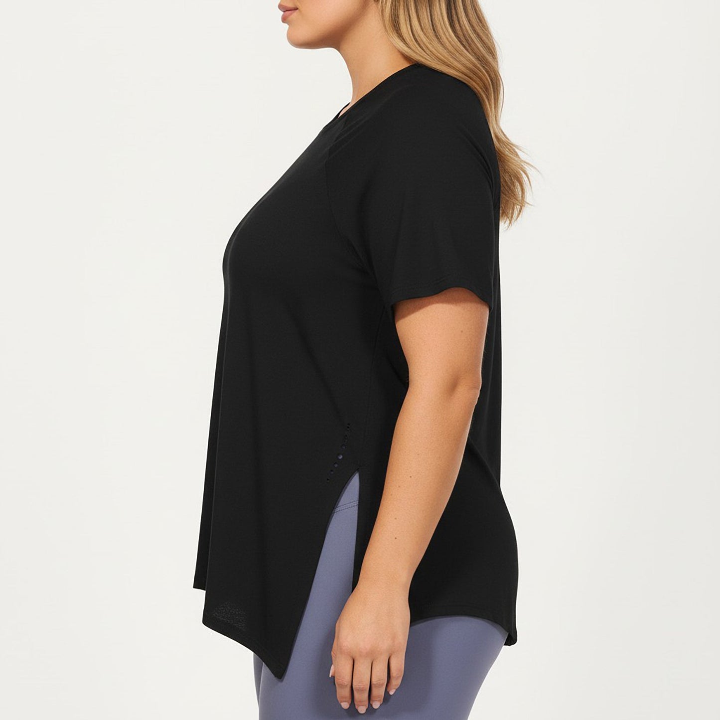 Short Sleeve Asymmetrical Hem Top with Side Ruched Detail Soft Stretch Fabric and Flattering Relaxed Fit