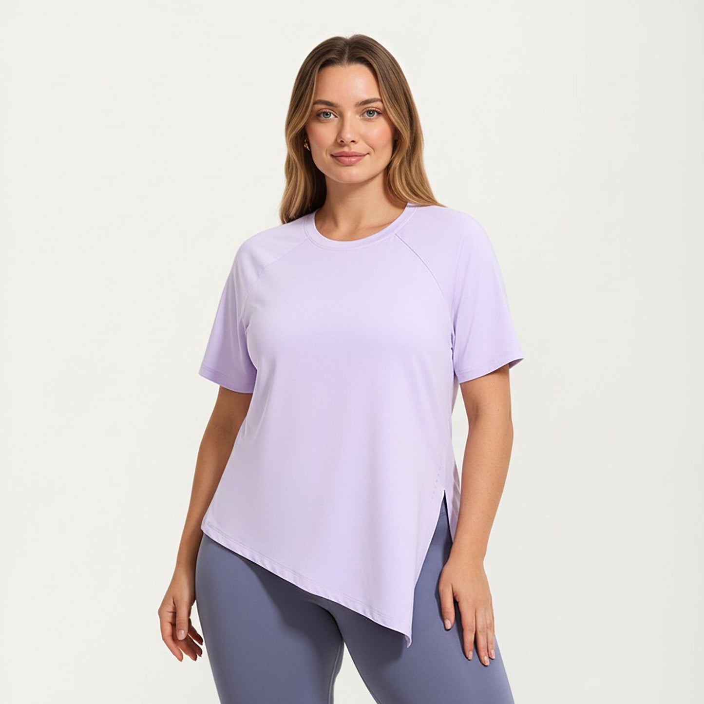 Short Sleeve Asymmetrical Hem Top with Side Ruched Detail Soft Stretch Fabric and Flattering Relaxed Fit