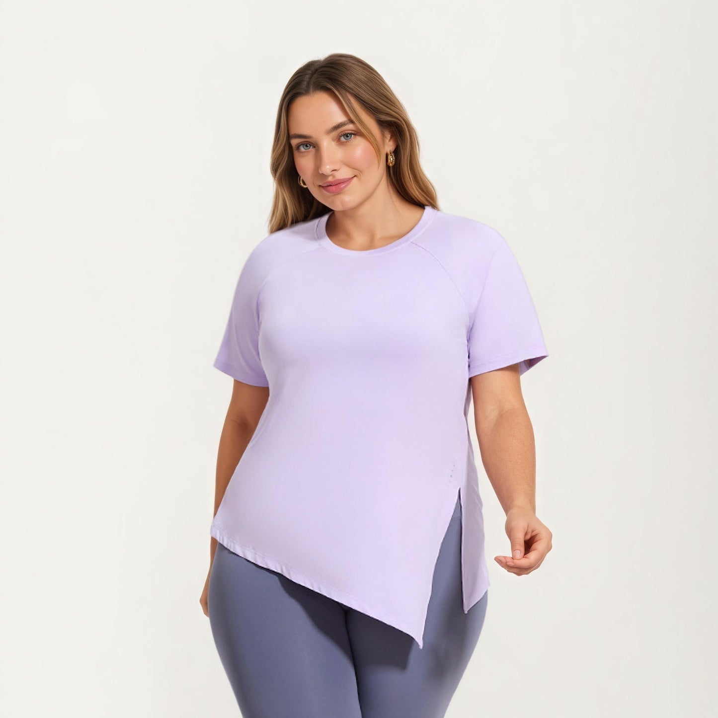 Short Sleeve Asymmetrical Hem Top with Side Ruched Detail Soft Stretch Fabric and Flattering Relaxed Fit