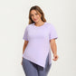Short Sleeve Asymmetrical Hem Top with Side Ruched Detail Soft Stretch Fabric and Flattering Relaxed Fit