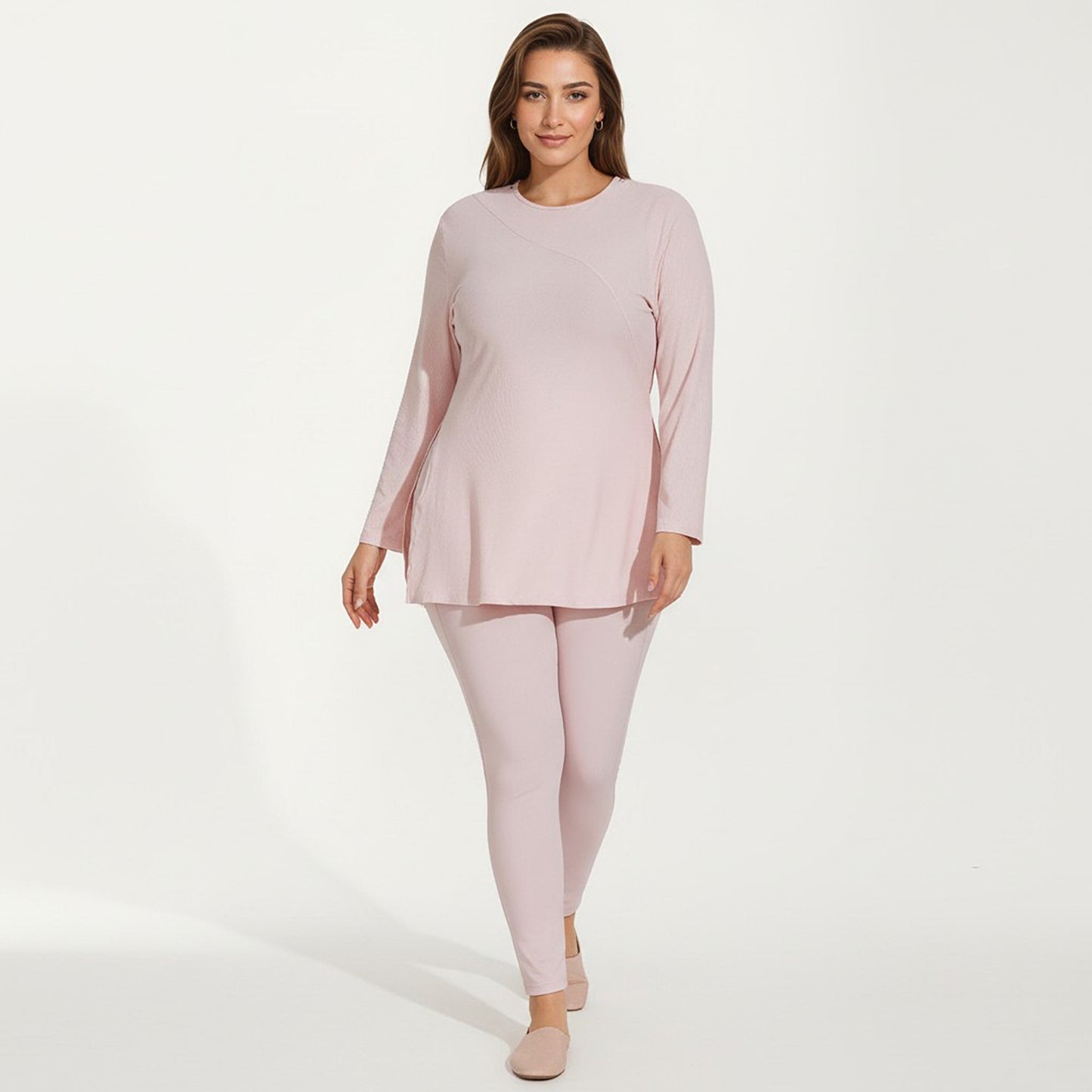 Long Sleeve Textured Tunic Top with Crew Neck Relaxed Fit and Flattering Seam Detail