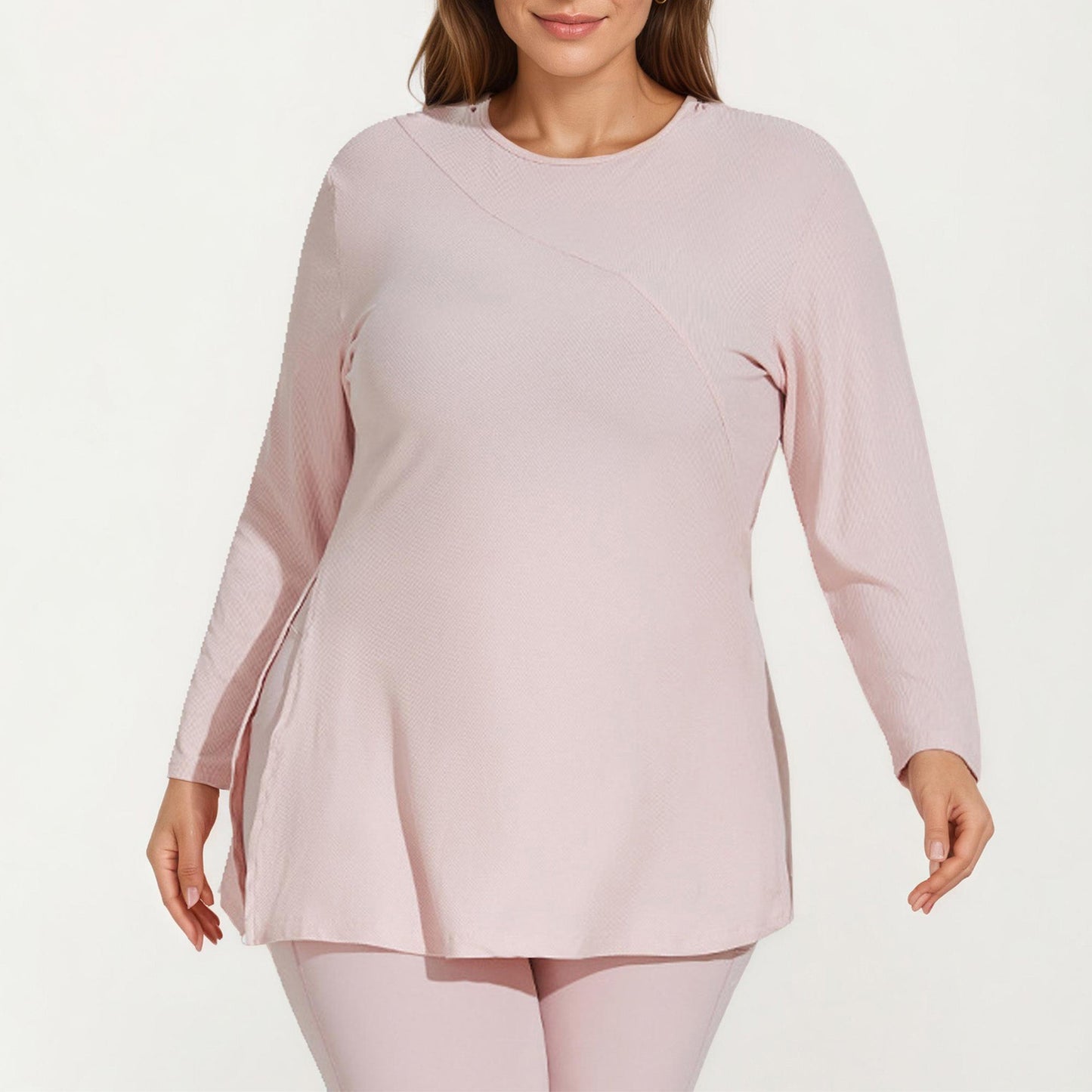 Long Sleeve Textured Tunic Top with Crew Neck Relaxed Fit and Flattering Seam Detail