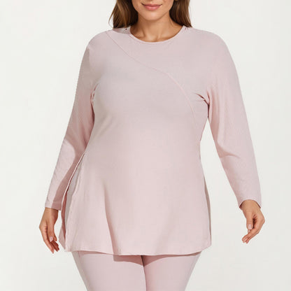 Long Sleeve Textured Tunic Top with Crew Neck Relaxed Fit and Flattering Seam Detail