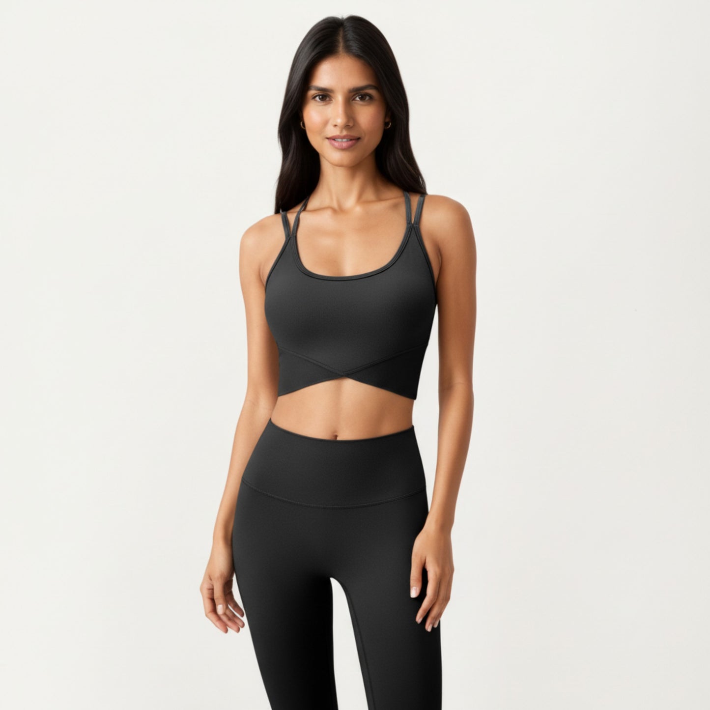 Strappy Back Sports Bra with Scoop Neckline and Wide Support Band