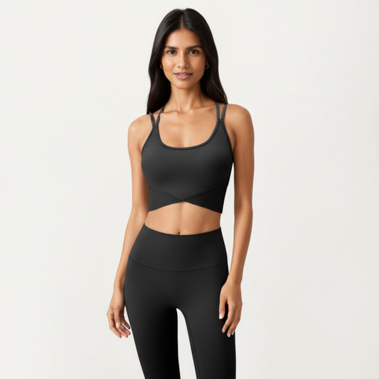 Strappy Back Sports Bra with Scoop Neckline and Wide Support Band