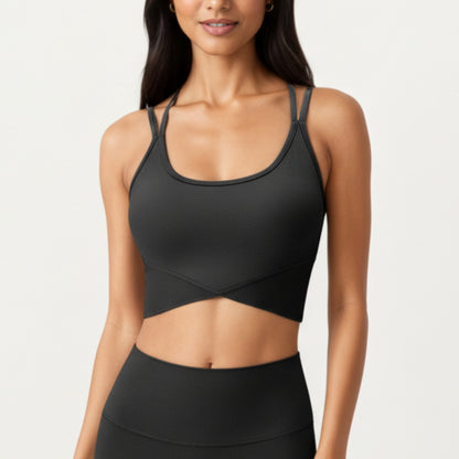 Strappy Back Sports Bra with Scoop Neckline and Wide Support Band