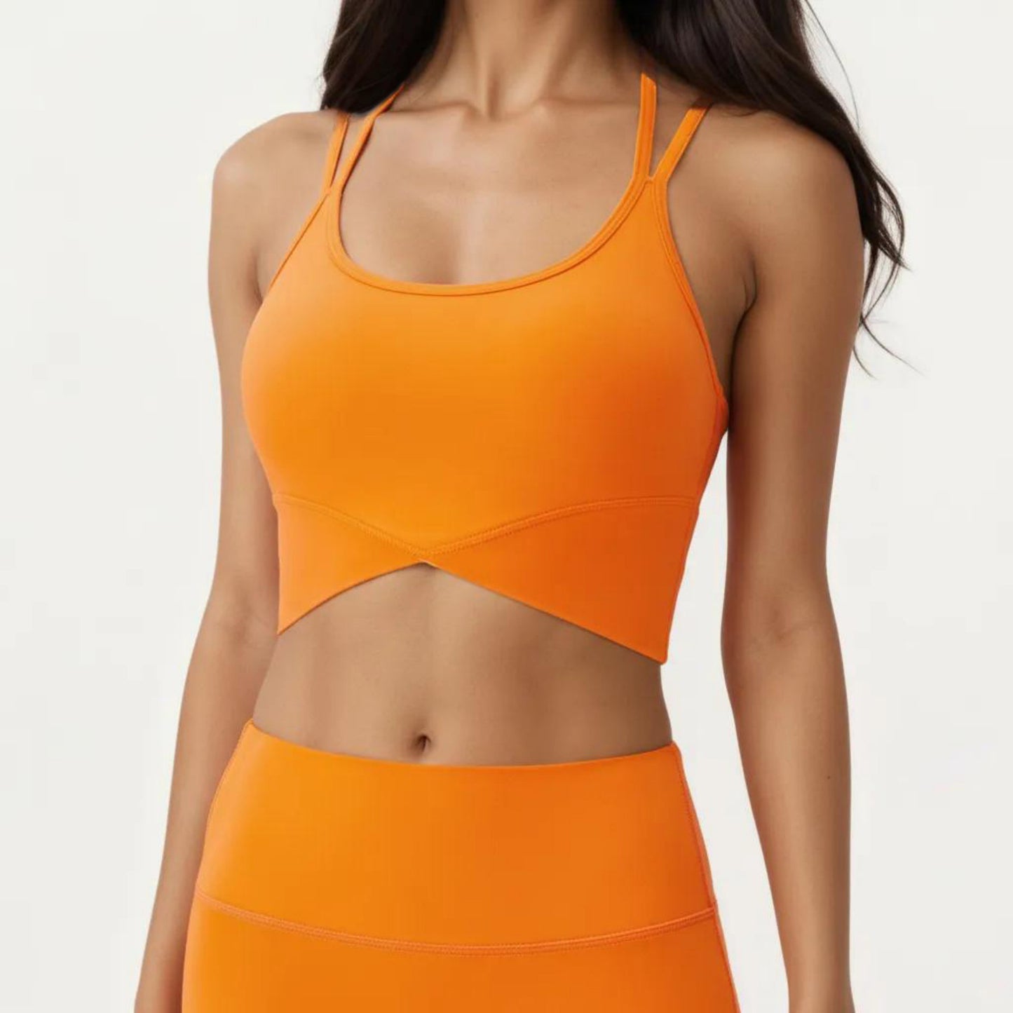 Strappy Back Sports Bra with Scoop Neckline and Wide Support Band