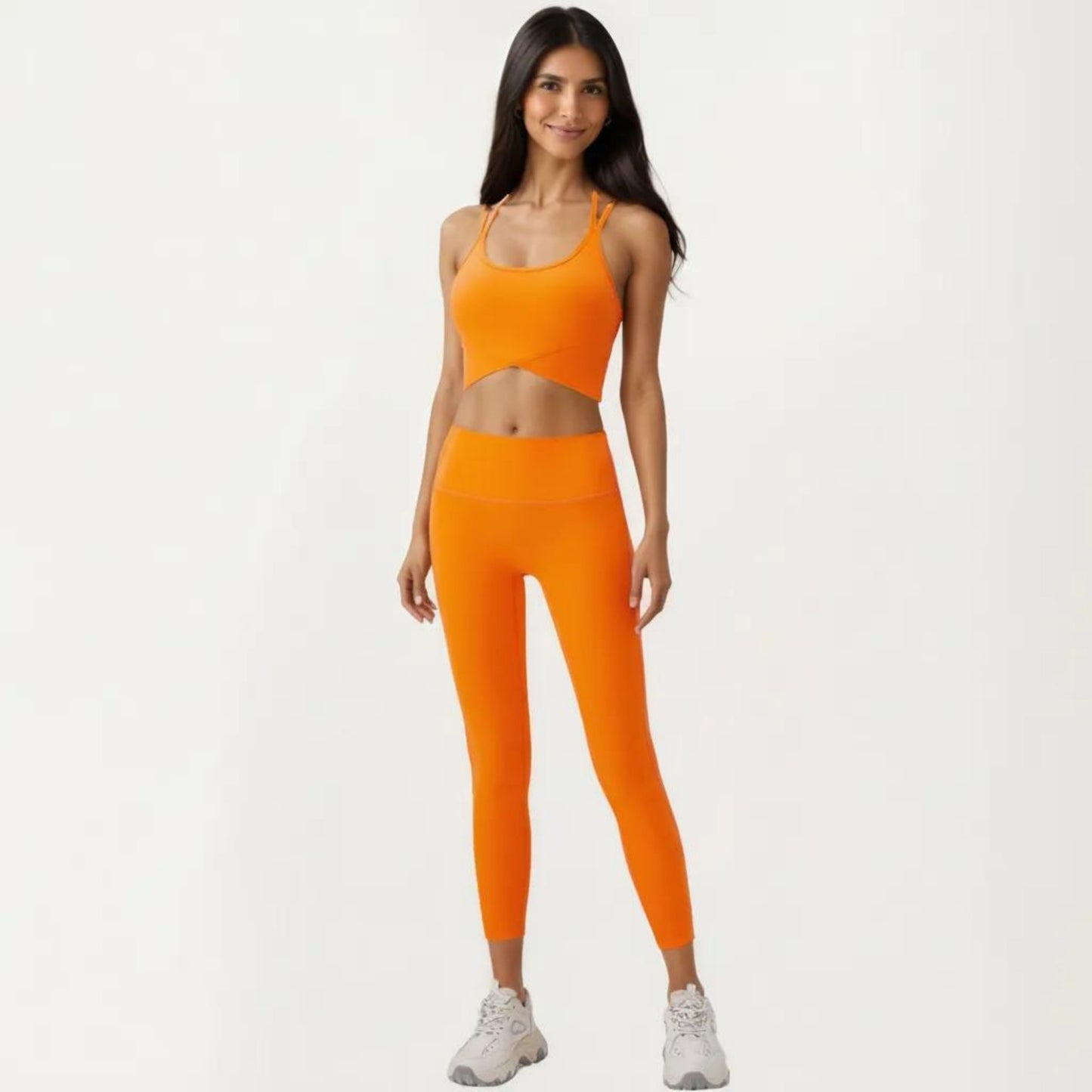Strappy Back Sports Bra with Scoop Neckline and Wide Support Band