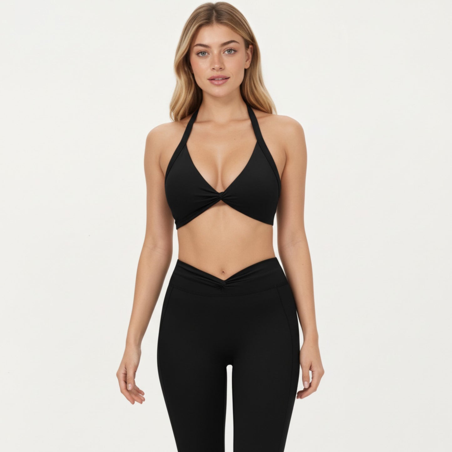 Halter Neck Twist Front Sports Bra Top with V Neckline and Smooth Stretch Support