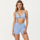 Halter Neck Twist Front Sports Bra Top with V Neckline and Smooth Stretch Support
