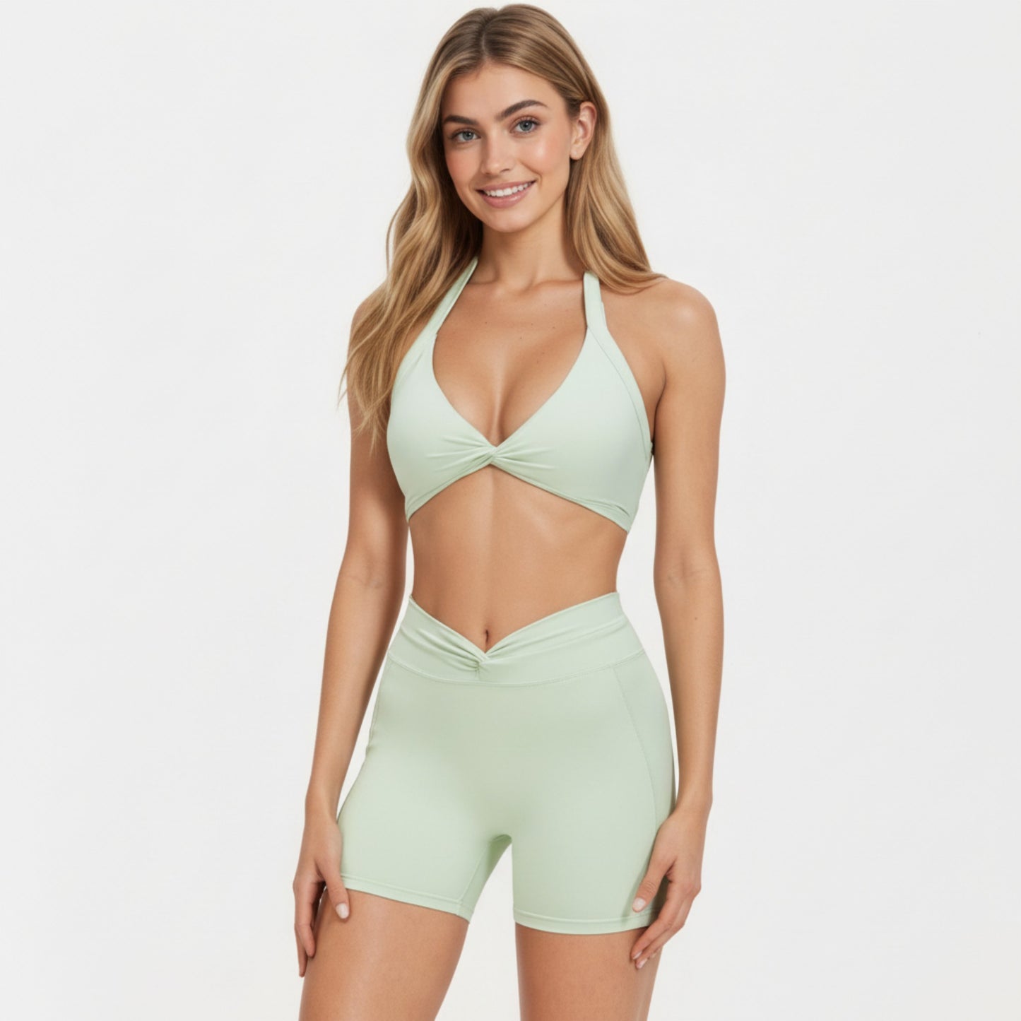 Halter Neck Twist Front Sports Bra Top with V Neckline and Smooth Stretch Support