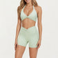 Halter Neck Twist Front Sports Bra Top with V Neckline and Smooth Stretch Support