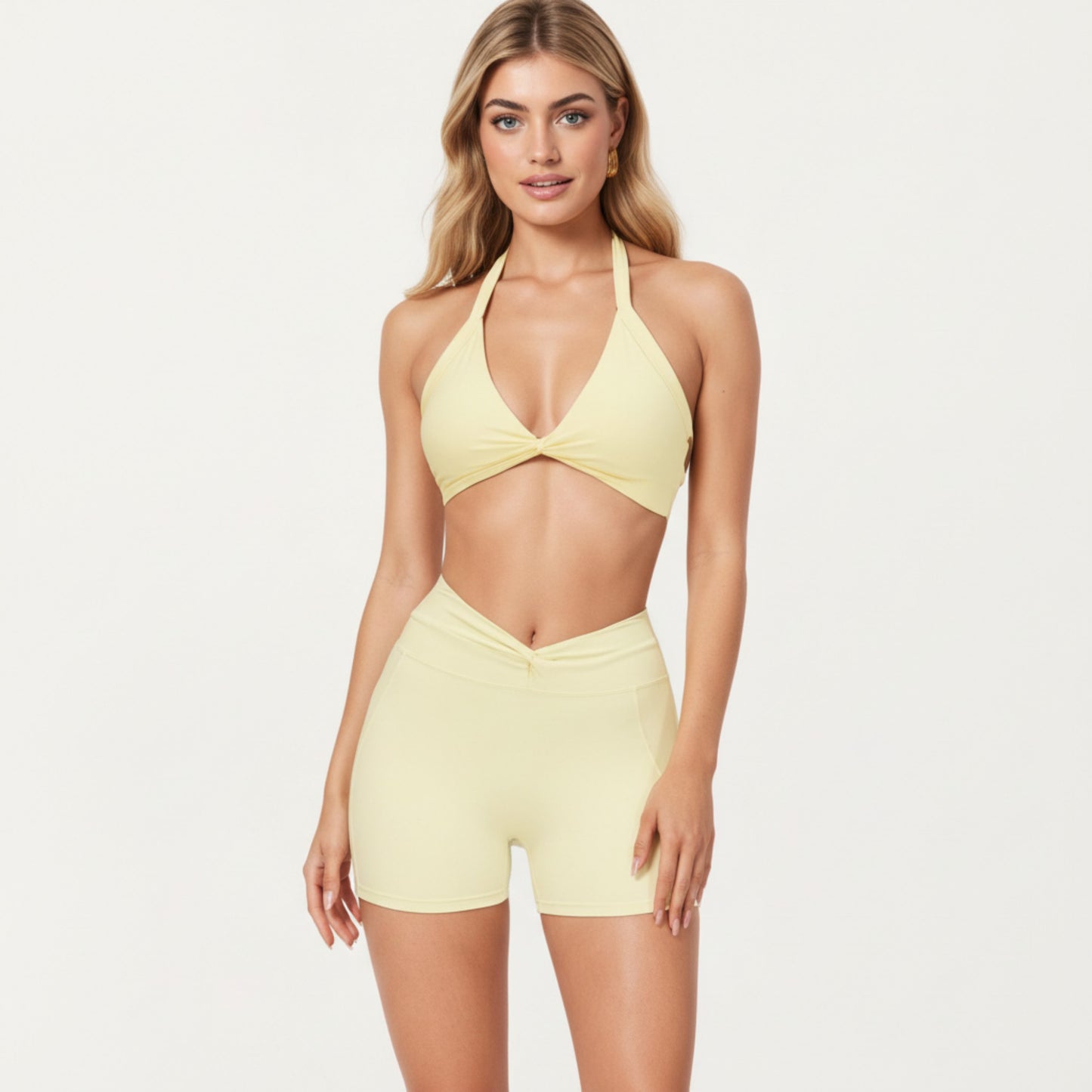 Halter Neck Twist Front Sports Bra Top with V Neckline and Smooth Stretch Support