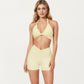 Halter Neck Twist Front Sports Bra Top with V Neckline and Smooth Stretch Support