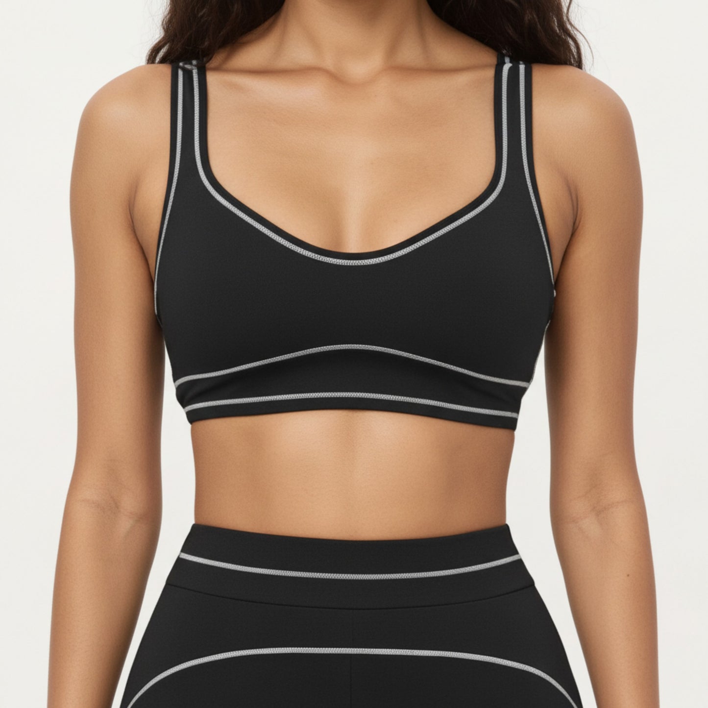 Ribbed Fitted Sports Bra Top with Scoop Neck Contrast Trim and Medium Support