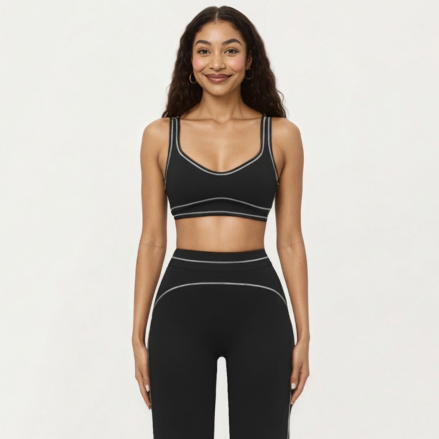 Ribbed Fitted Sports Bra Top with Scoop Neck Contrast Trim and Medium Support