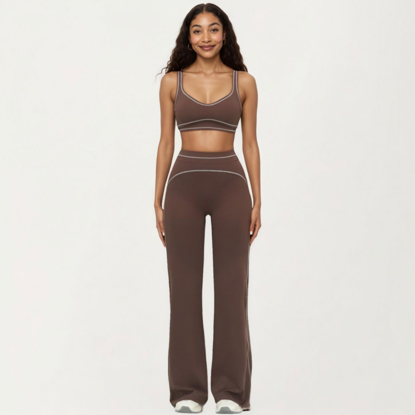 Ribbed Fitted Sports Bra Top with Scoop Neck Contrast Trim and Medium Support