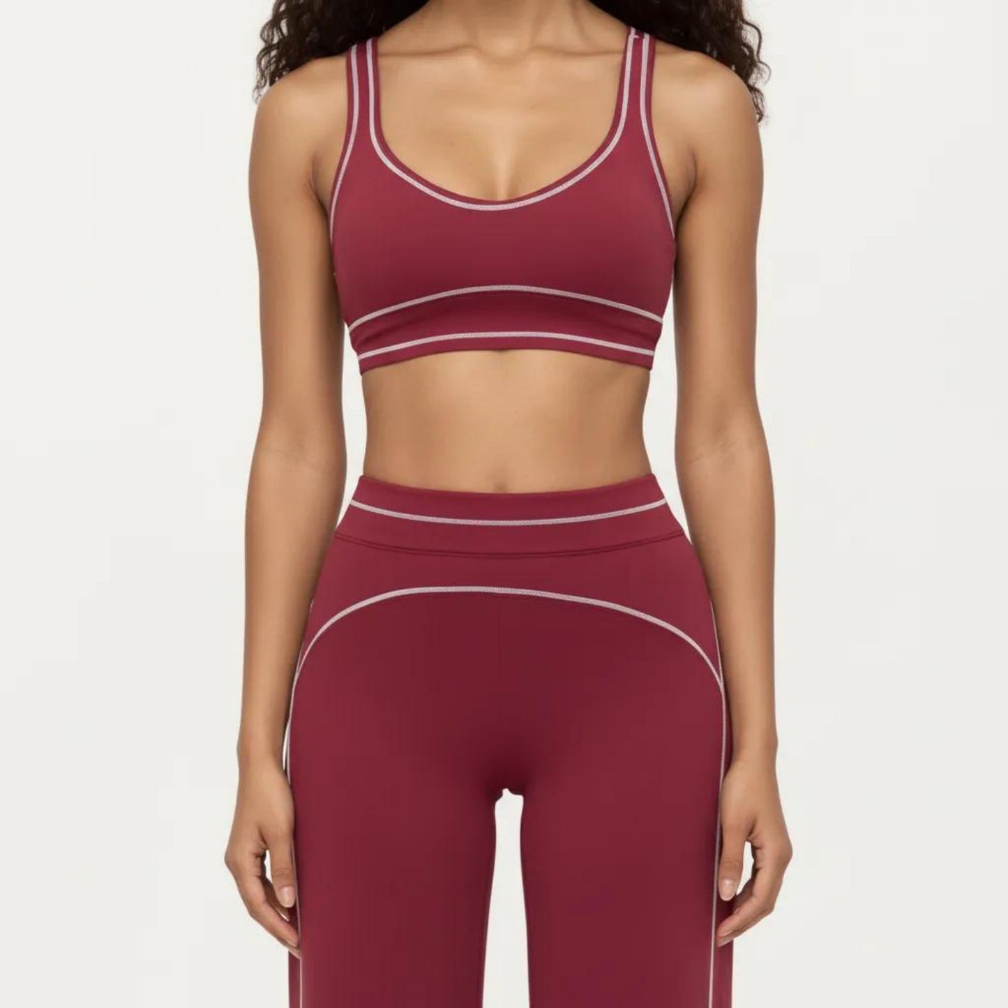 Ribbed Fitted Sports Bra Top with Scoop Neck Contrast Trim and Medium Support