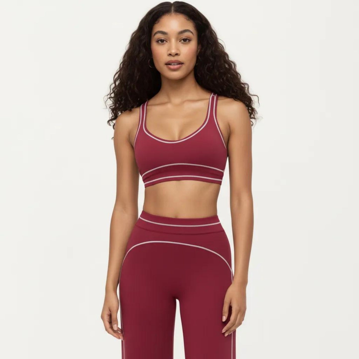 Ribbed Fitted Sports Bra Top with Scoop Neck Contrast Trim and Medium Support