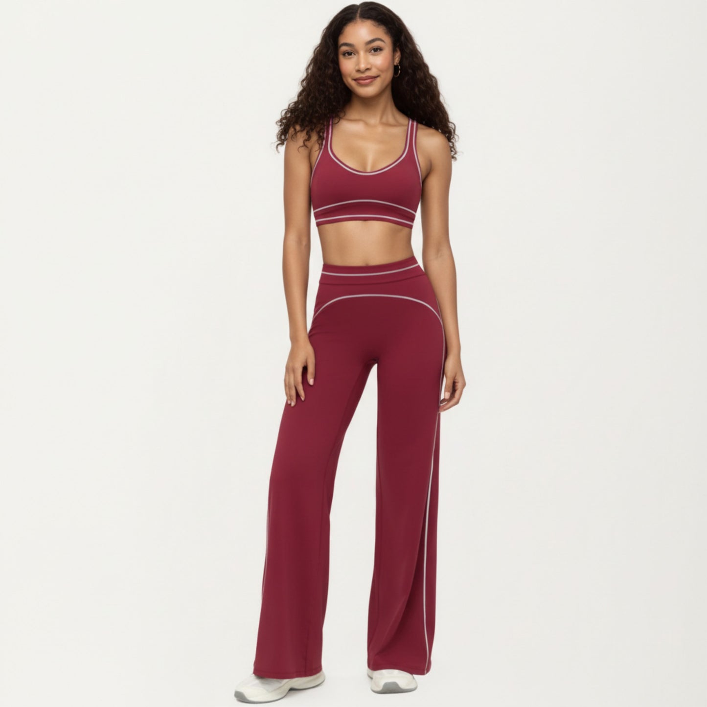 Ribbed Fitted Sports Bra Top with Scoop Neck Contrast Trim and Medium Support