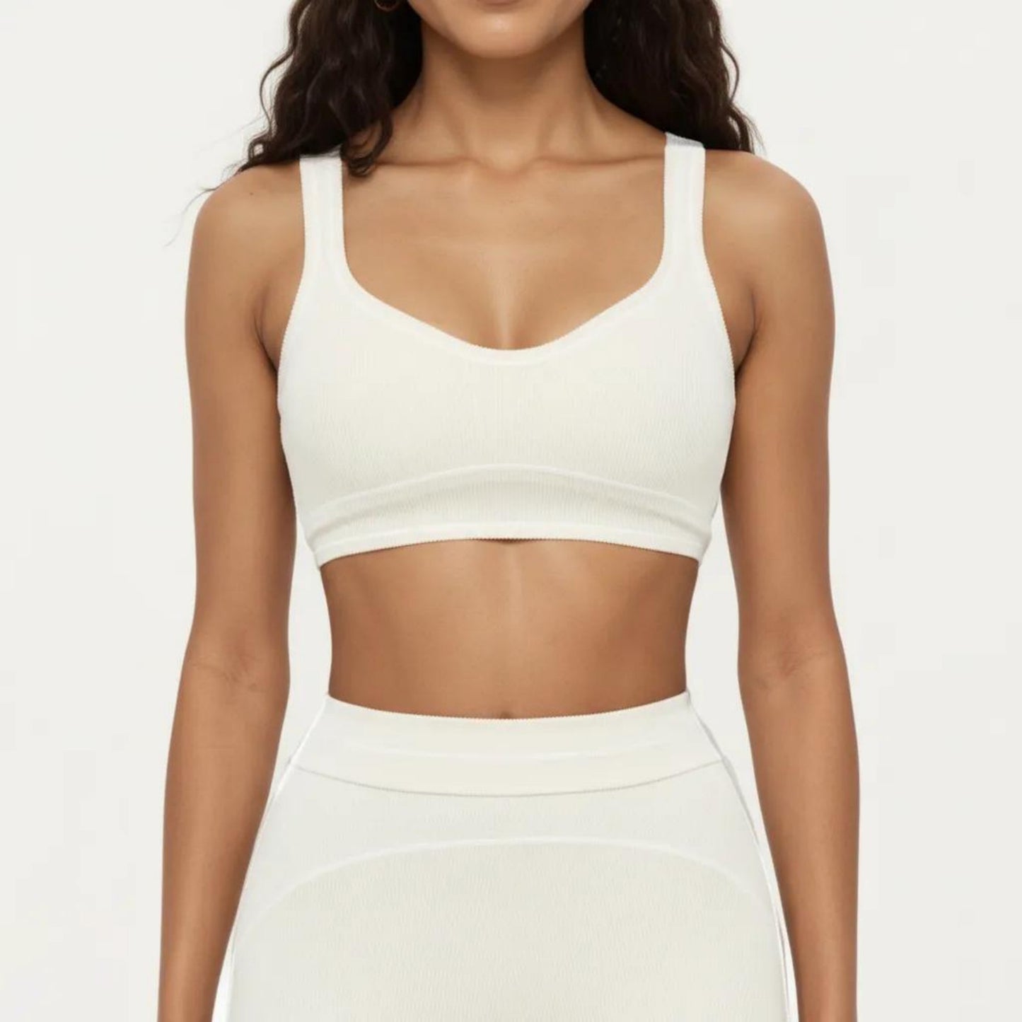 Ribbed Fitted Sports Bra Top with Scoop Neck Contrast Trim and Medium Support