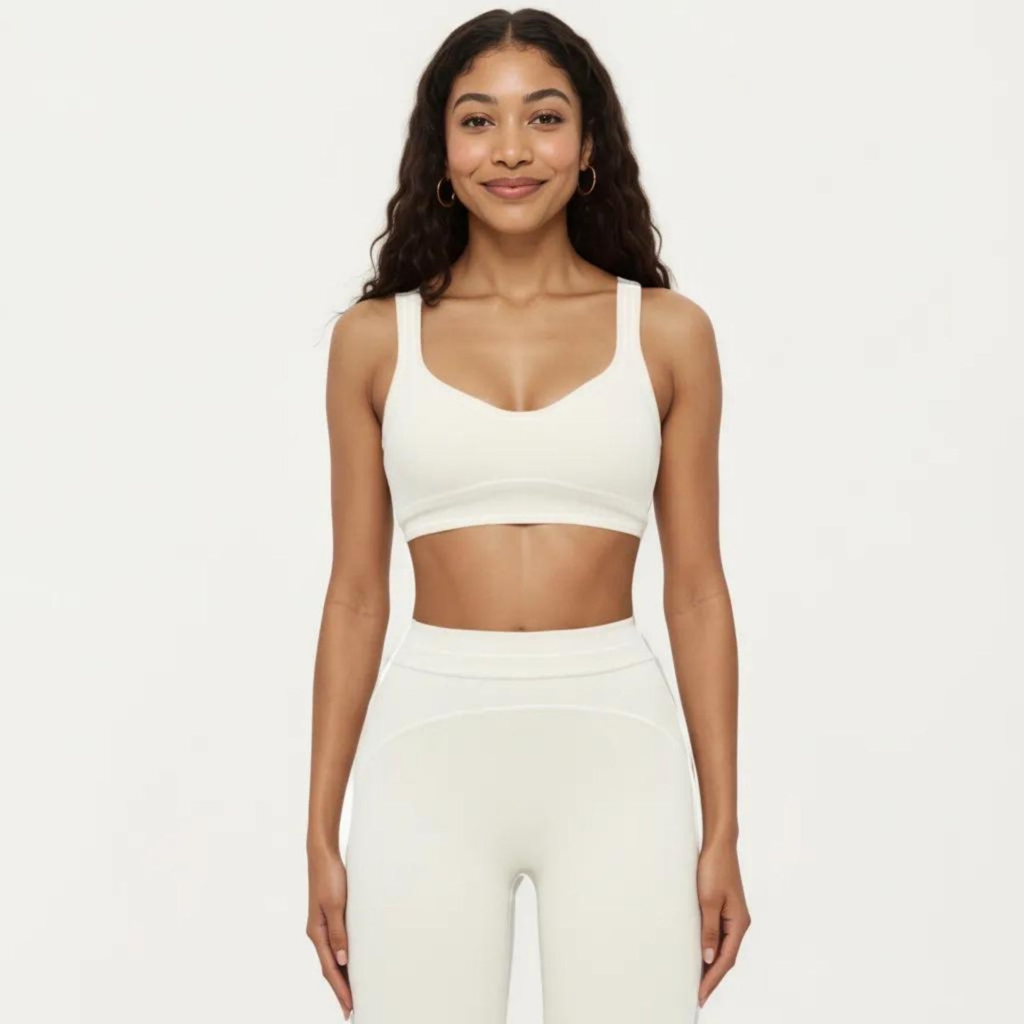 Ribbed Fitted Sports Bra Top with Scoop Neck Contrast Trim and Medium Support