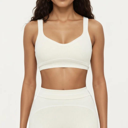 Ribbed Fitted Sports Bra Top with Scoop Neck Contrast Trim and Medium Support
