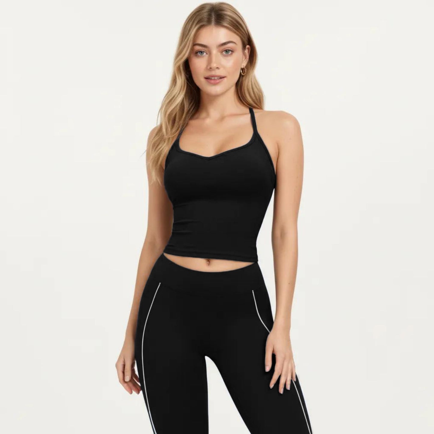 Fitted Sports Bra Tank with V Neckline Adjustable Straps and Smooth Stretch Support