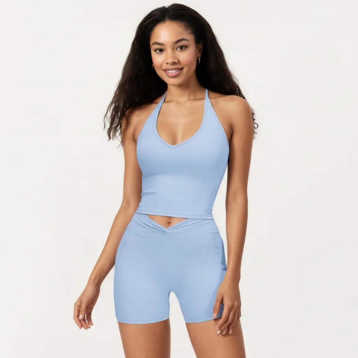 Halter Neck Fitted Active Top with V Neckline and Smooth Stretch Support