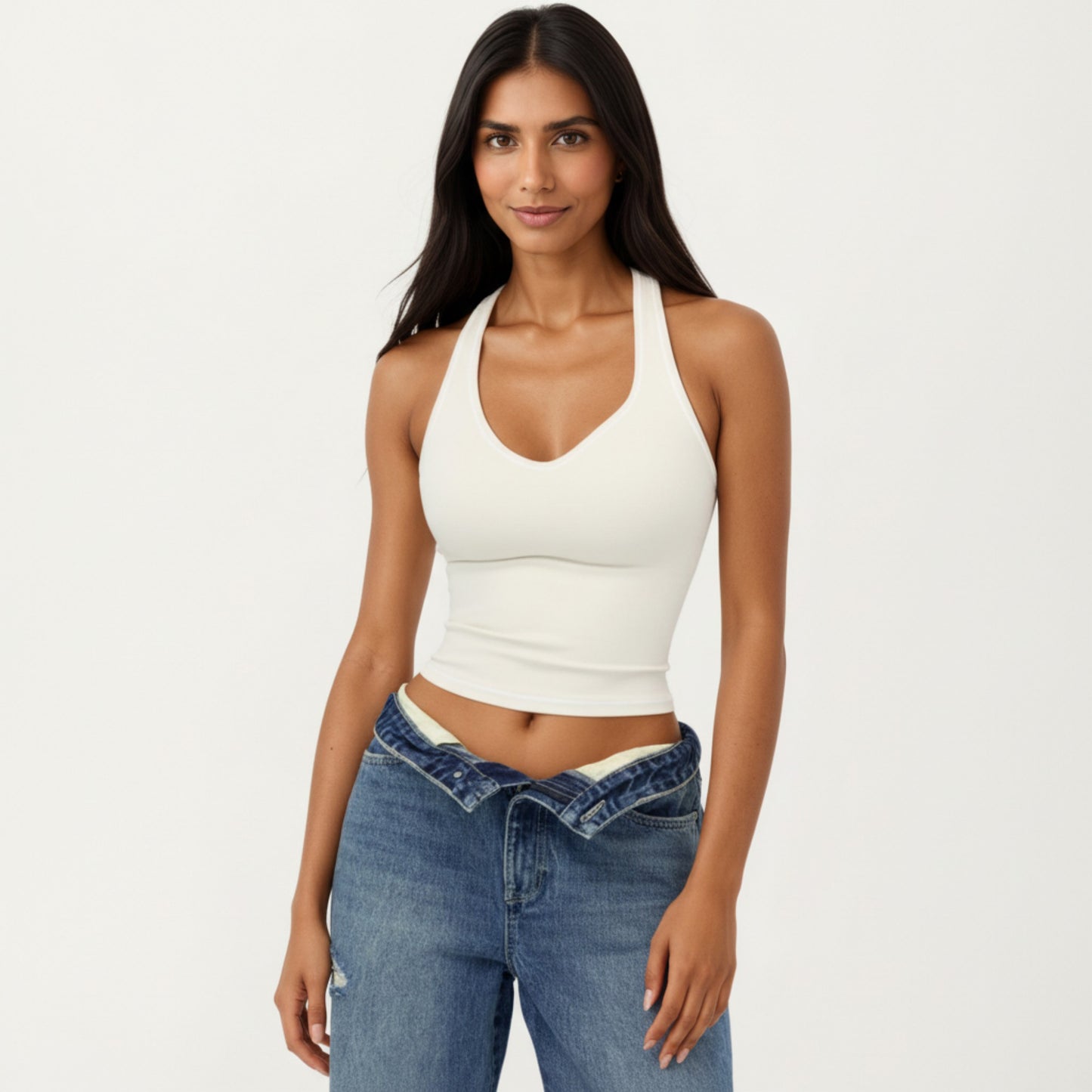 Sleeveless Fitted Active Tank with Scoop Neck Contrast Trim and Smooth Stretch Fabric