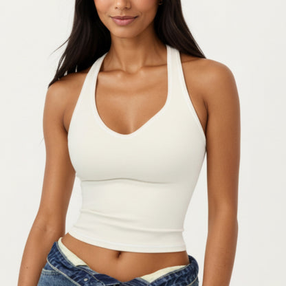 Sleeveless Fitted Active Tank with Scoop Neck Contrast Trim and Smooth Stretch Fabric