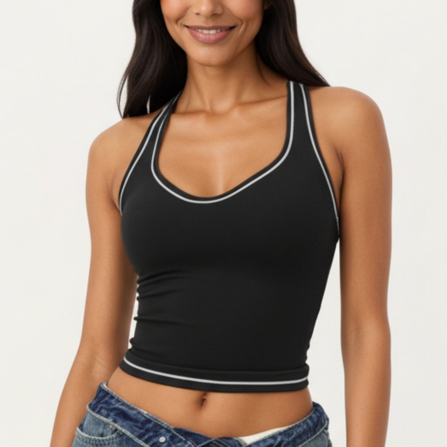 Sleeveless Fitted Active Tank with Scoop Neck Contrast Trim and Smooth Stretch Fabric