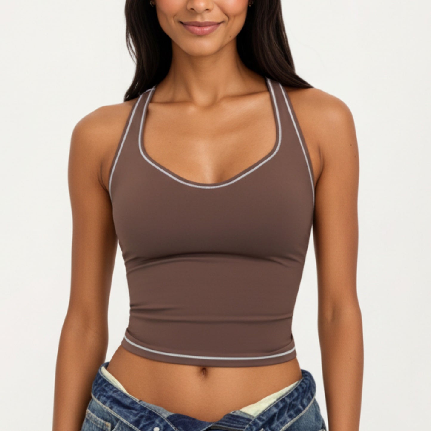 Sleeveless Fitted Active Tank with Scoop Neck Contrast Trim and Smooth Stretch Fabric