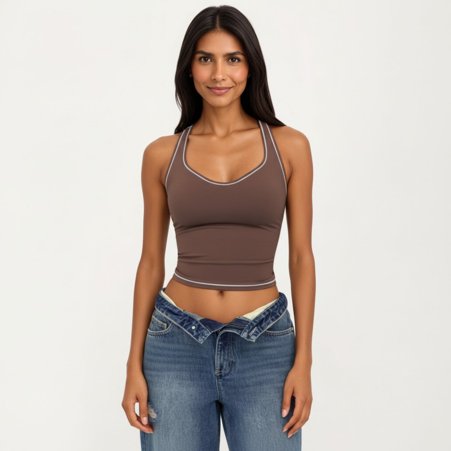 Sleeveless Fitted Active Tank with Scoop Neck Contrast Trim and Smooth Stretch Fabric