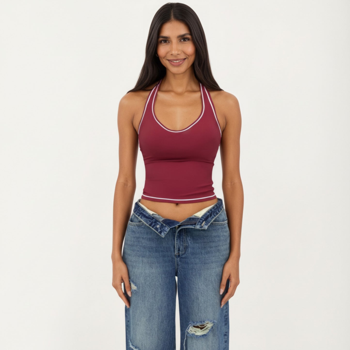 Sleeveless Fitted Active Tank with Scoop Neck Contrast Trim and Smooth Stretch Fabric