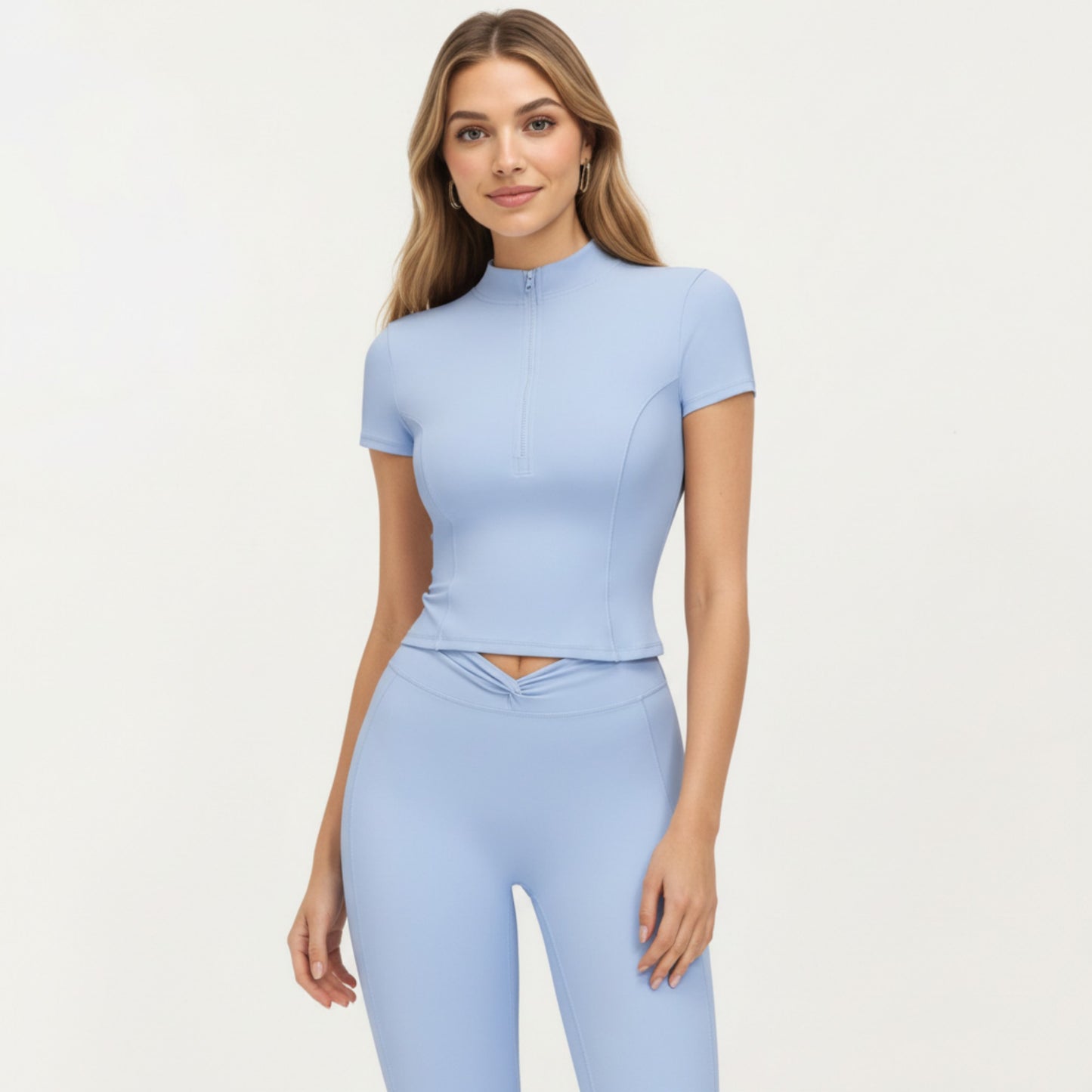 Short Sleeve Zip Front Fitted Active Top with Mock Neck and Ribbed Stretch Fabric
